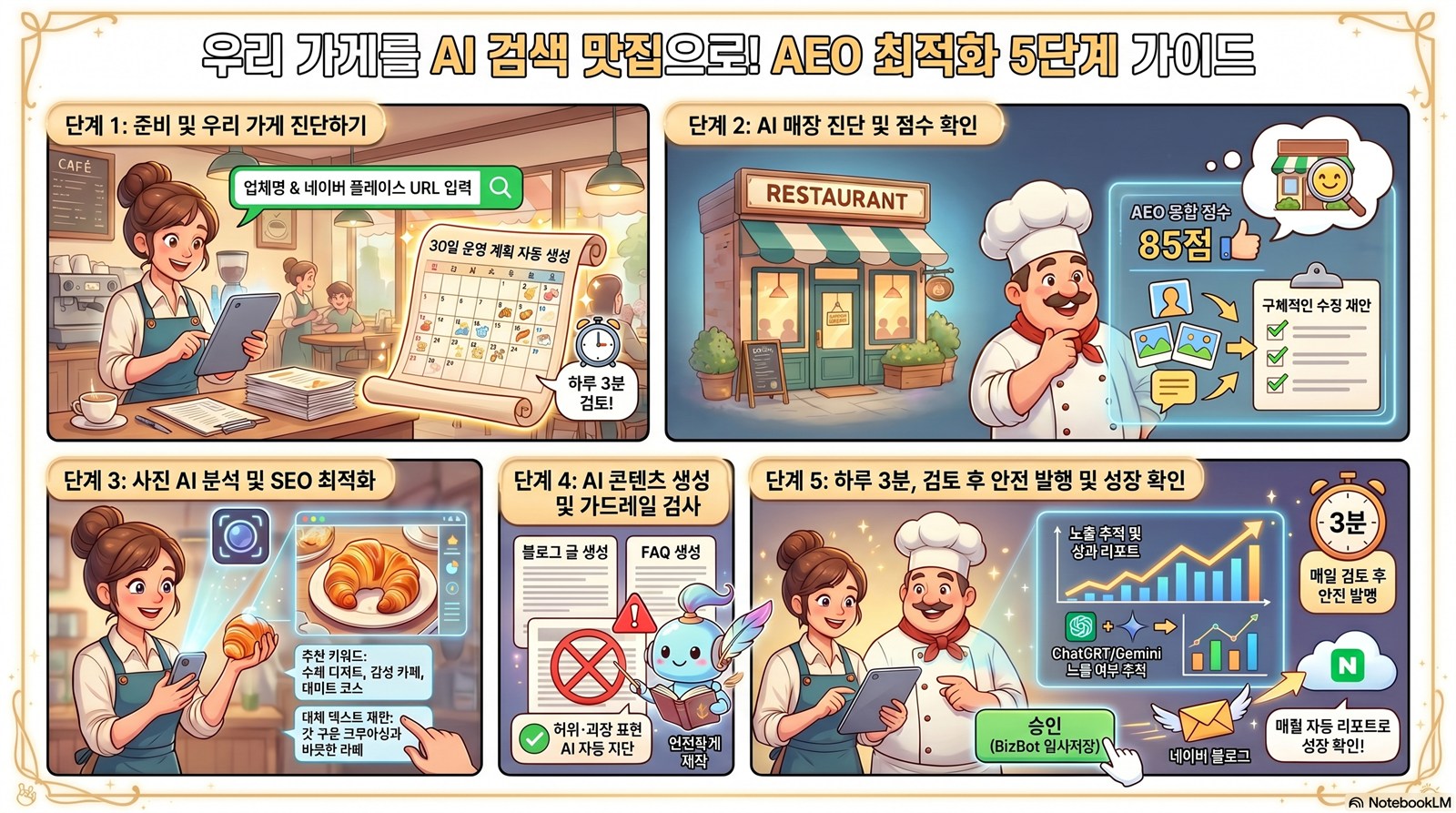 AEO 최적화 5단계 가이드 — 1) 준비·우리 가게 진단, 2) AI 매장 진단·점수 확인, 3) 사진 AI 분석·SEO 최적화, 4) AI 콘텐츠 생성·가드레일 검사, 5) 하루 3분 검토 후 안전 발행·성장 확인